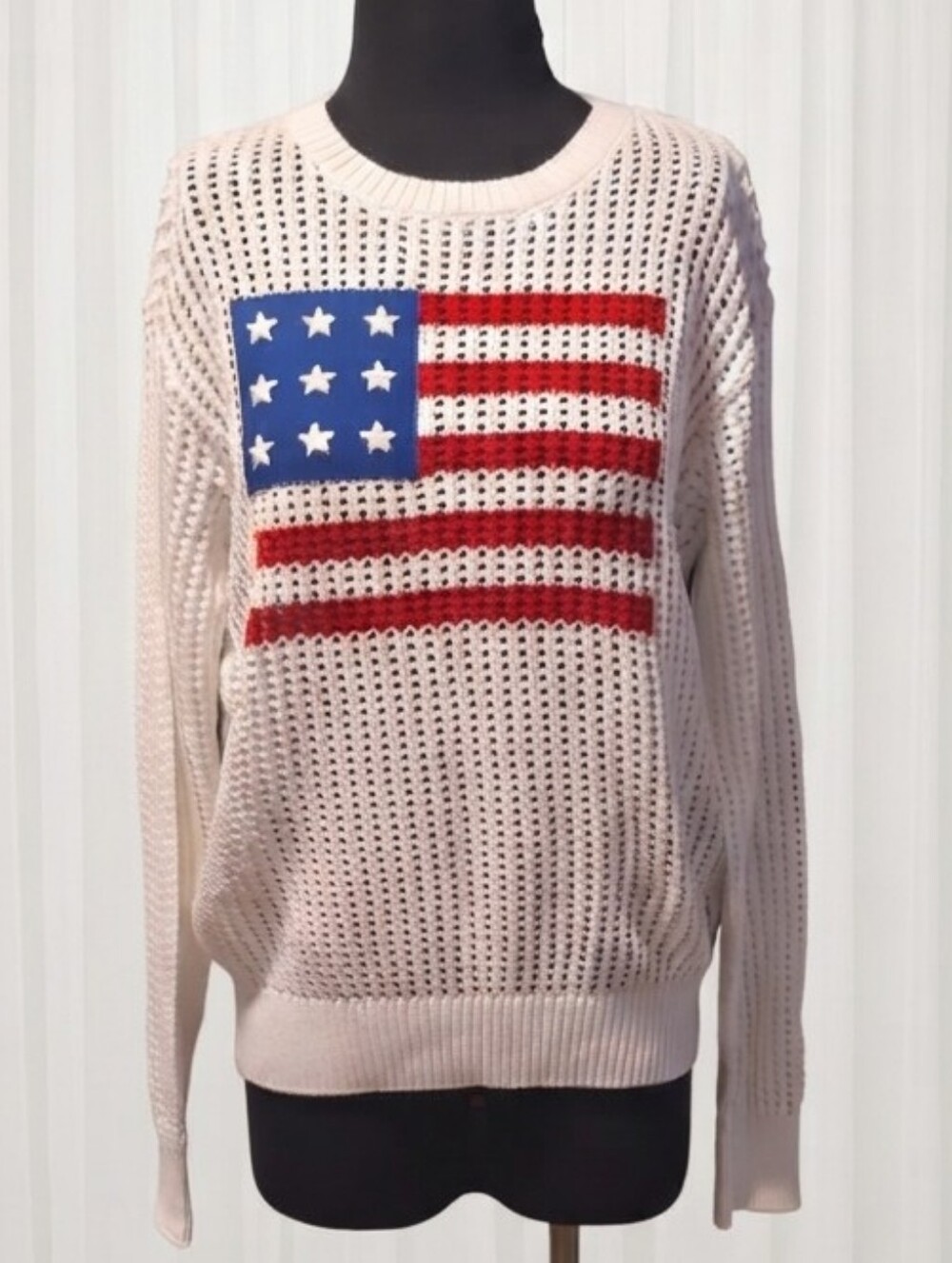 Joan Rivers Open-Knit Crewneck Sweater with Red & Blue Flag Motif